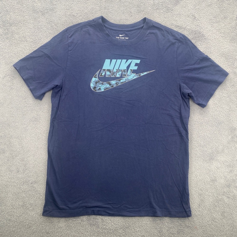 Nike Graphic Tee Mens Large Navy Blue Camo Swoosh Logo CK2330-410